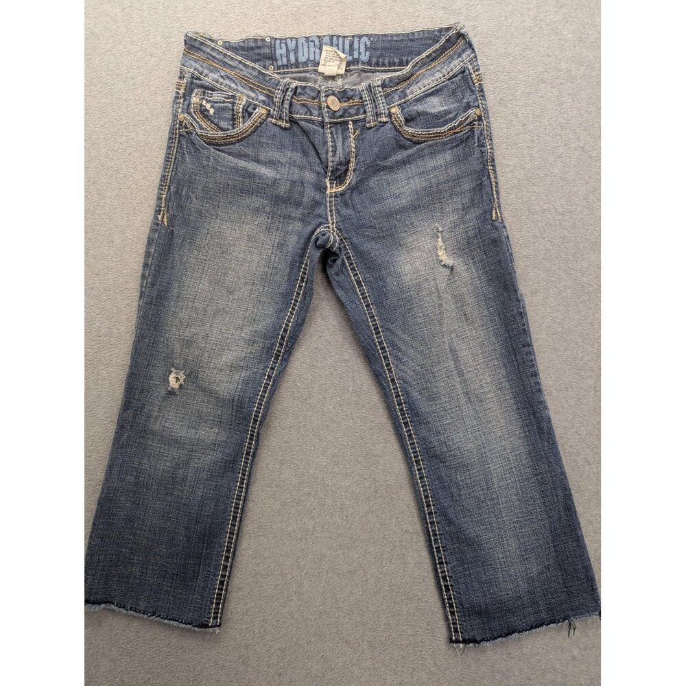 Hydraulic Jeans Womans 7/8 Blue Cropped Capri Distressed Embroidered Pockets